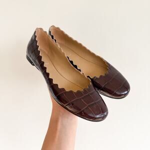 Chloé Lauren Scalloped Croco Ballerina Flats Leather Shoes Brown 36